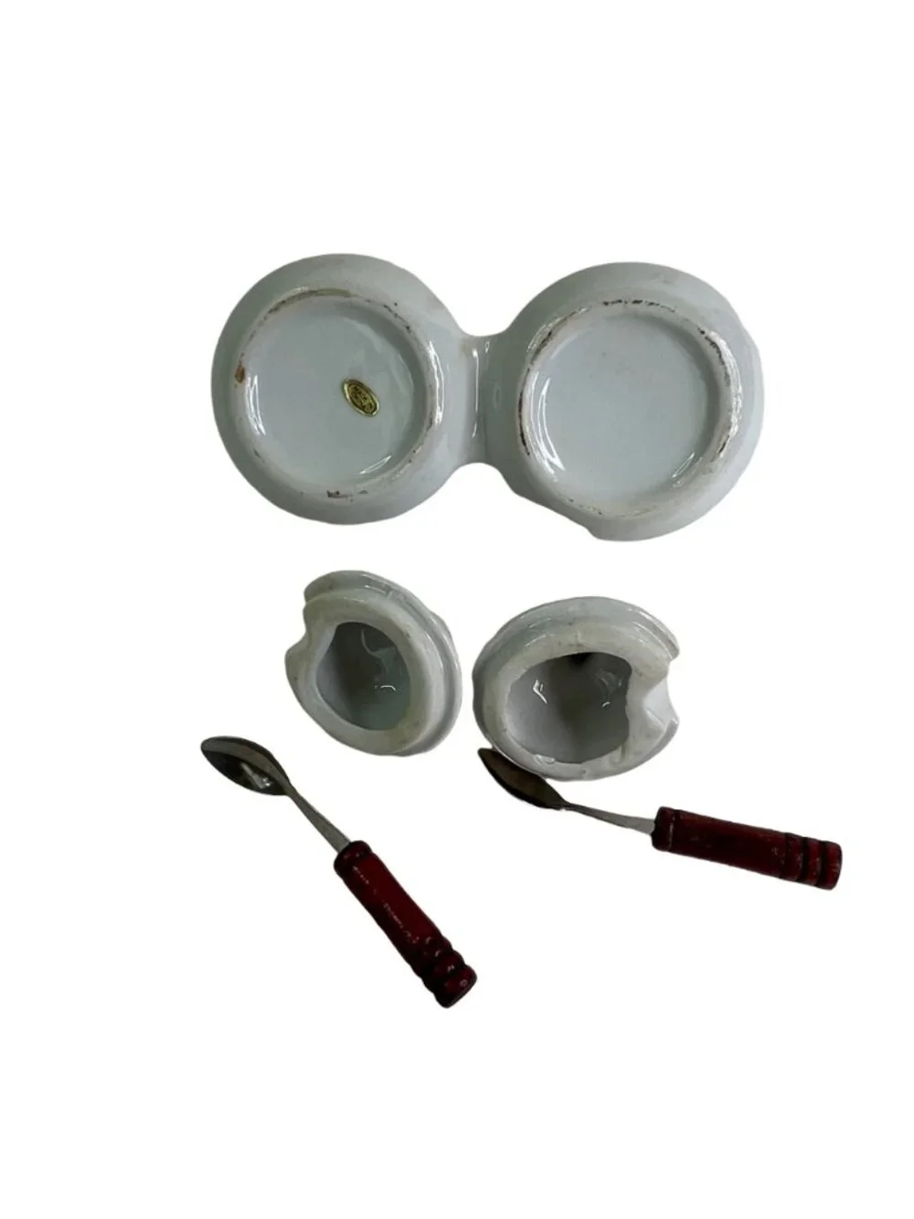 Vintage Houston Harvest White Ceramic Double Condiment Server Set Wood Spoons